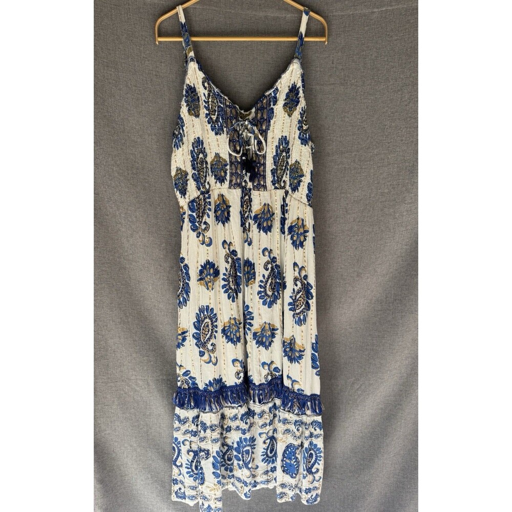 Me 2 Magic‎ Maxi Dress 3X White Blue Gold Boho Embroidered Tassel Fringe Paisley